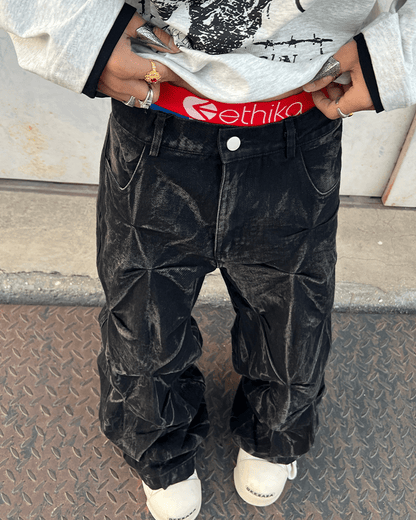 Crinkled Denim Cargo Pants