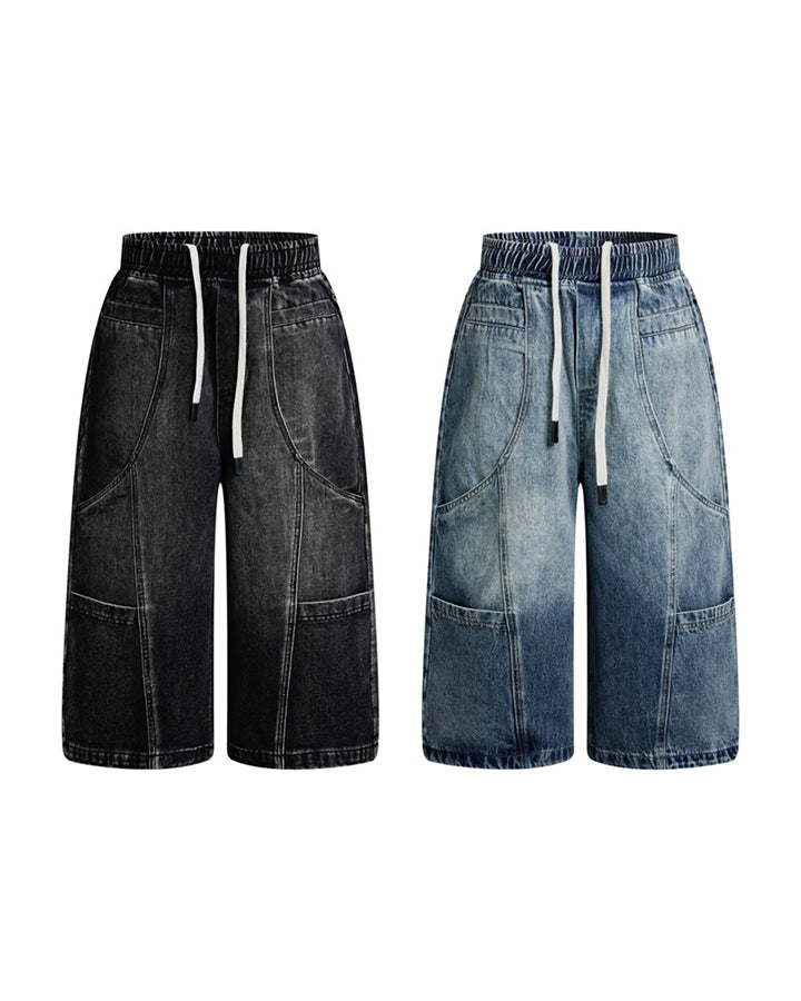 High Street Drawstring New Panel Cropped Denim Pants