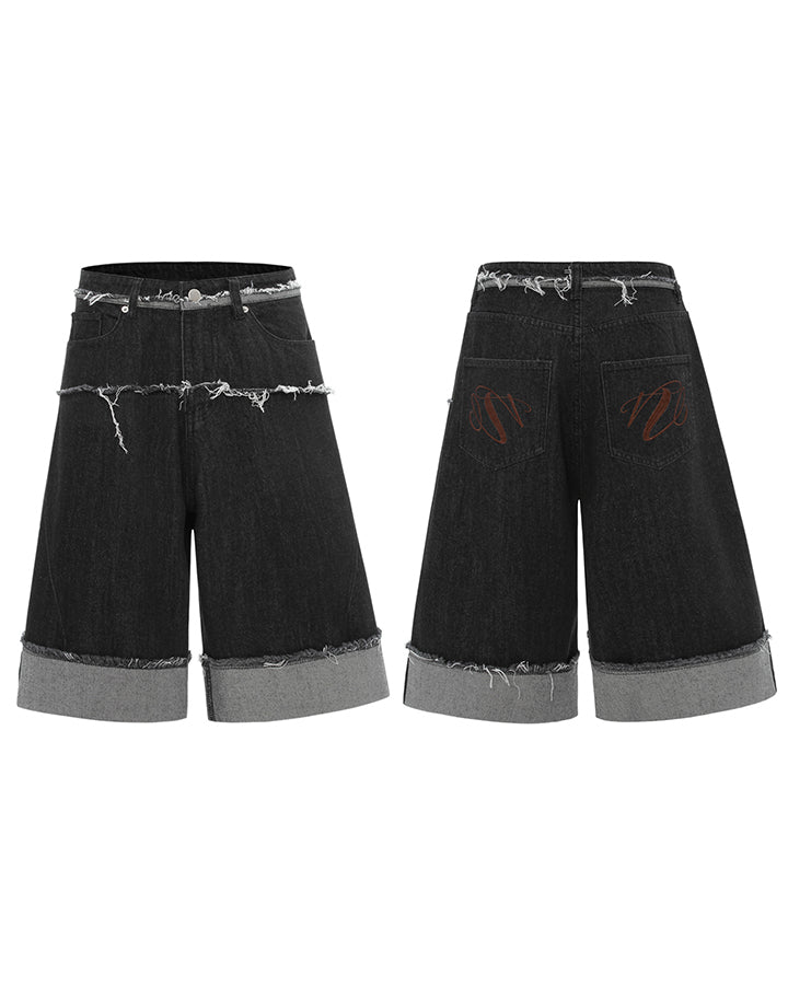 New Dark Raw Edge Cuffed Wide Denim Shorts