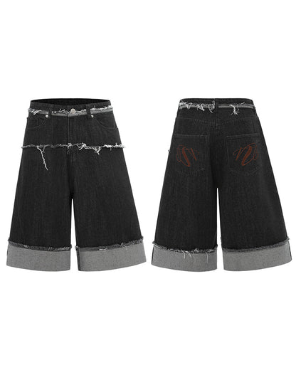 New Dark Raw Edge Cuffed Wide Denim Shorts
