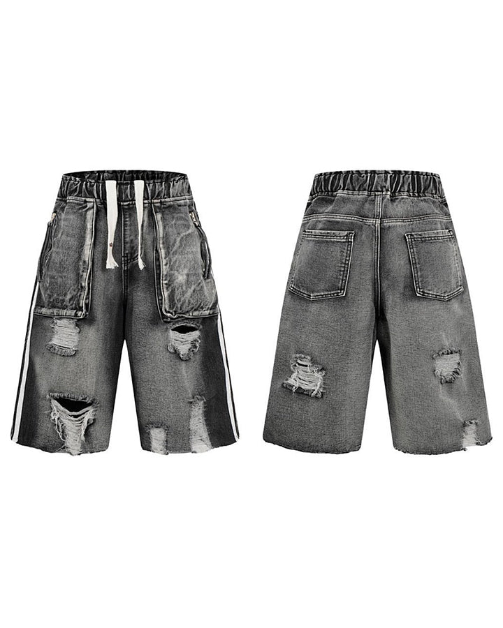 Grunge Drawstring Pocket Distressed Wide Denim Shorts