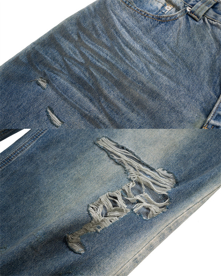 Grunge Distressed Raw Hem Wide Denim Pants New