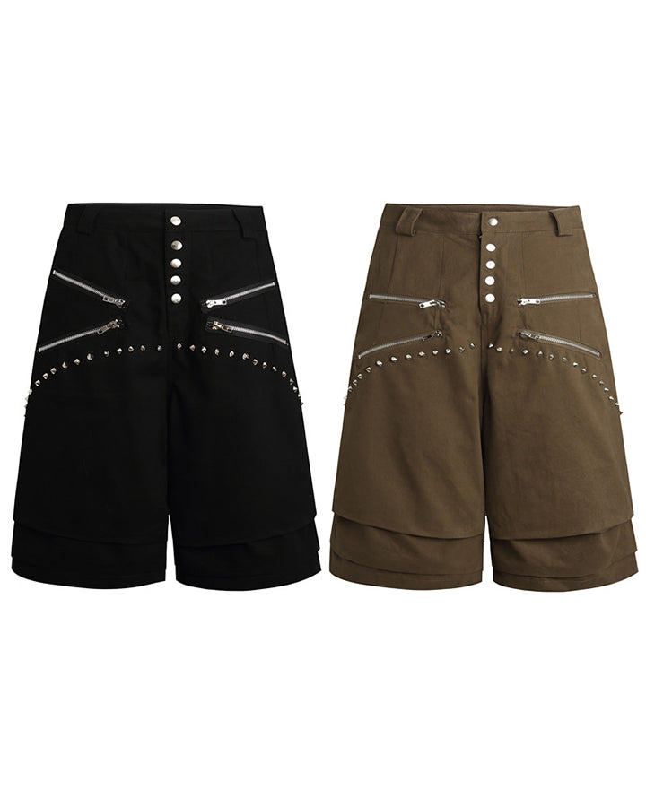 Gothic Rivet Zipper Layered New Wide Shorts
