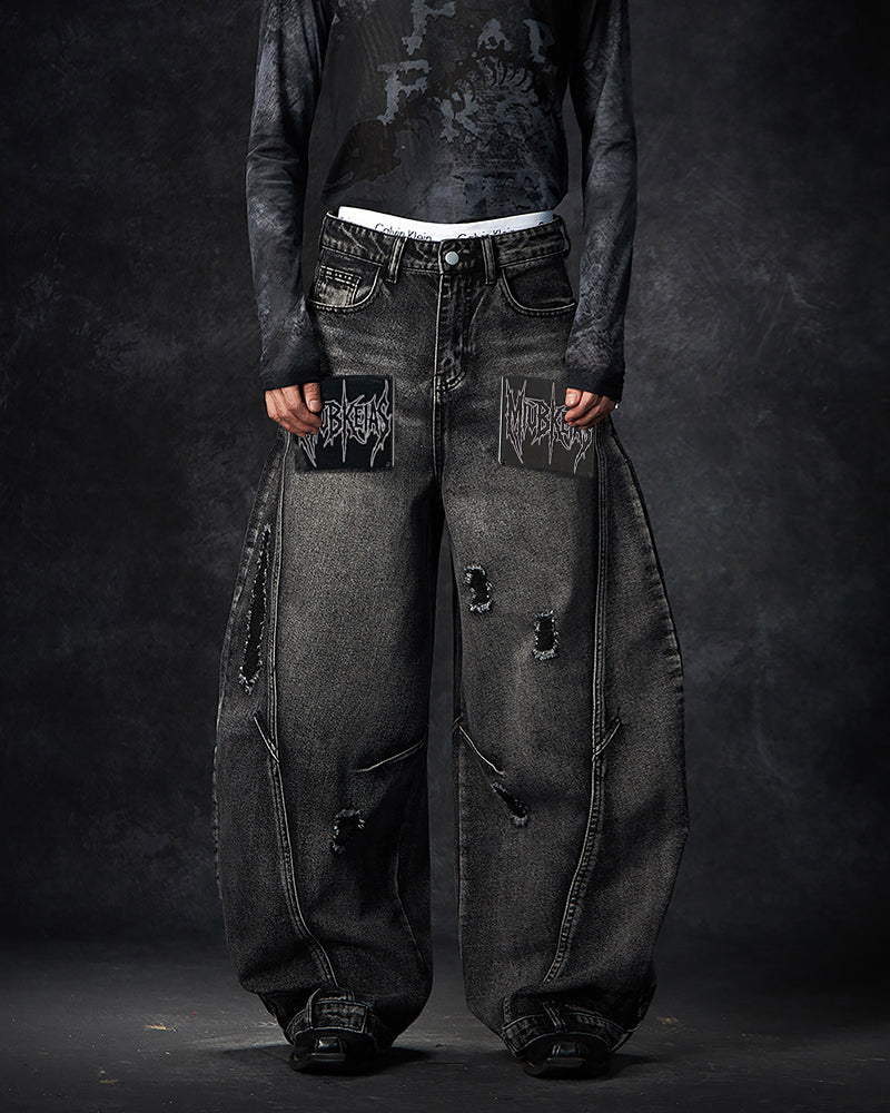 American Avant-Garde Distressed Letter Wide-Leg Jeans