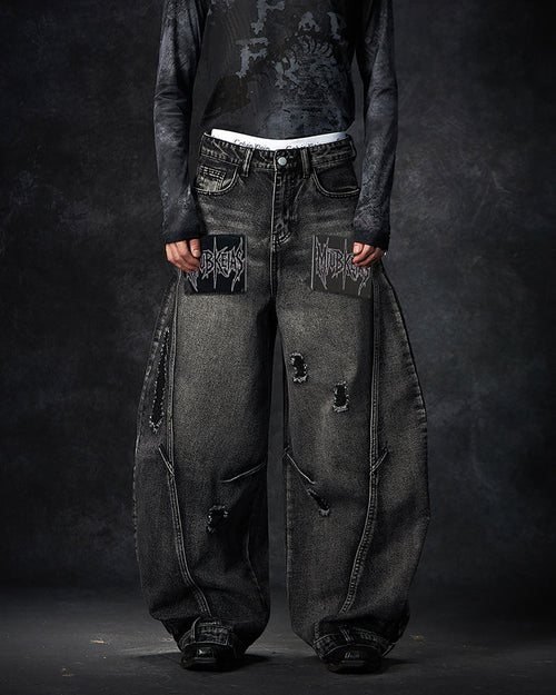 American Avant-Garde Distressed Letter Wide-Leg Jeans