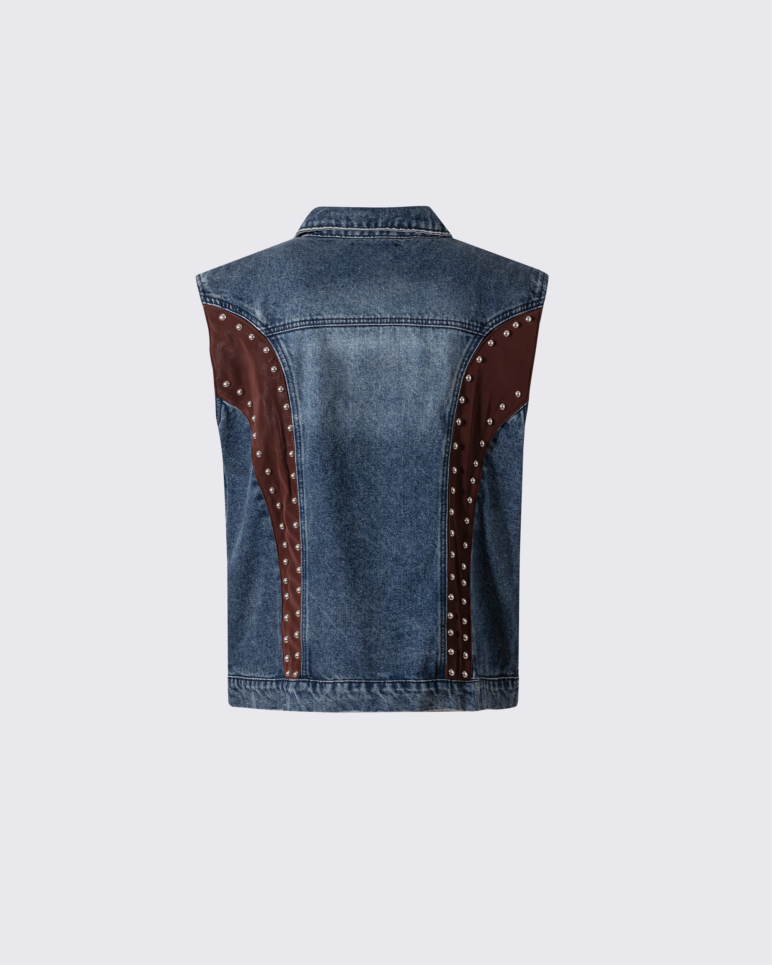 Leather Patch Studded Denim Vest