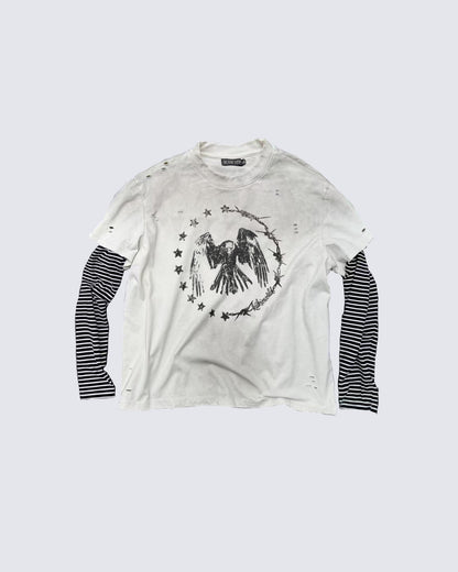 GRYFTWORLD | Washed Vintage Layered Stripe Sleeve Graphic Tee