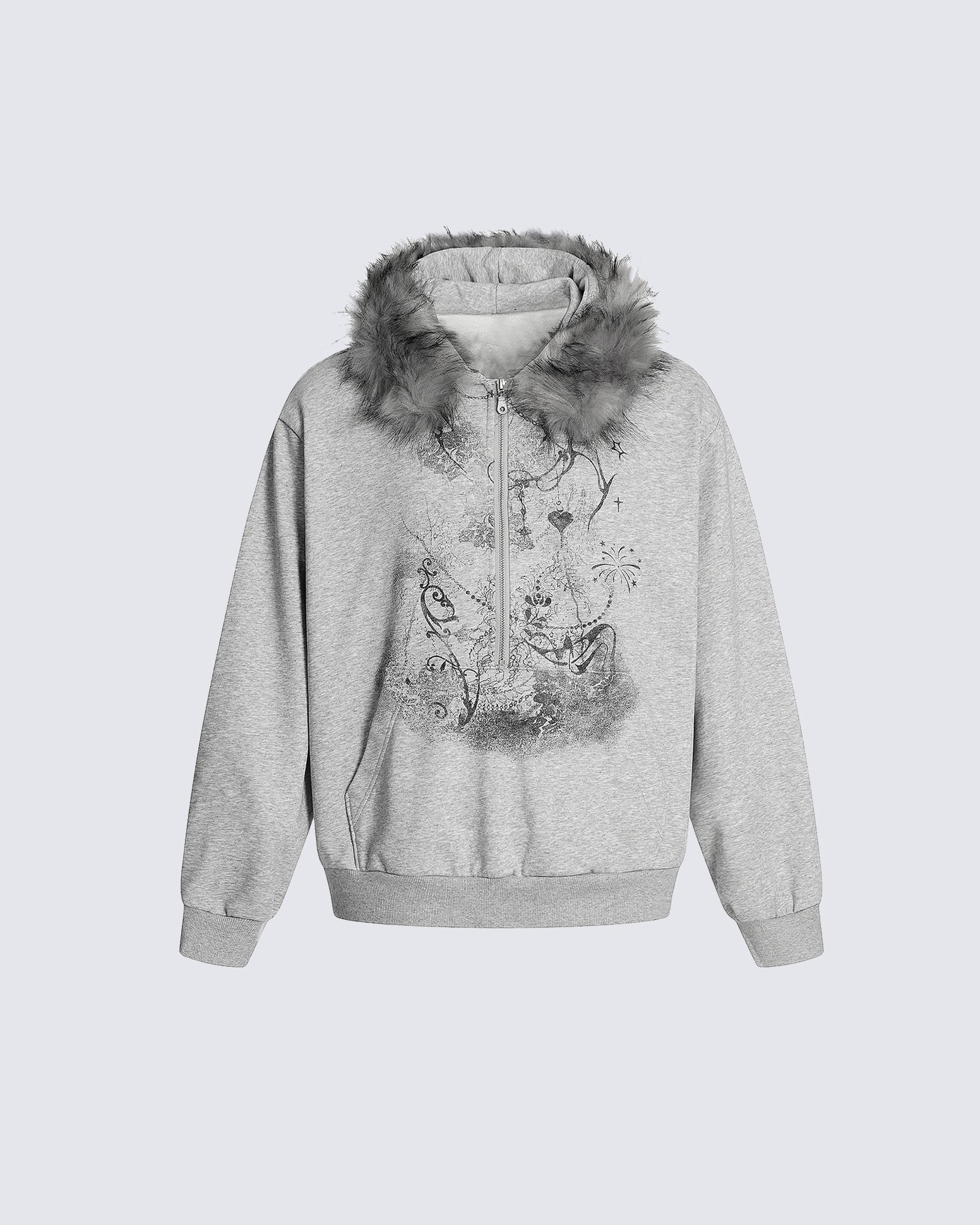 Lightweight Fuzzy Printed Half-Zip Cropped Hoodie