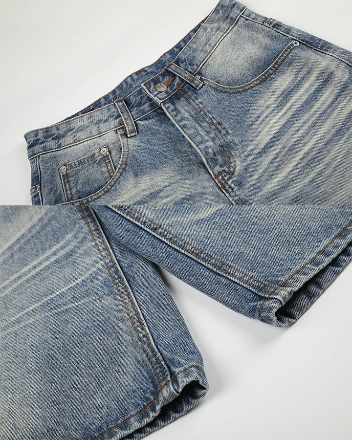 Retro Washed Whisker-Effect Denim Shorts