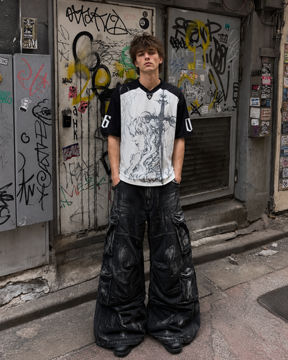 Gothic Angel Print Casual Retro Jersey Short Sleeve