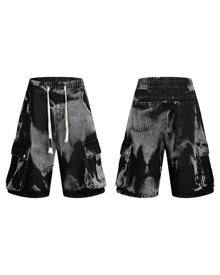 GRYFT Utility Dark-Wash Drawstring Cargo Wide Denim Shorts