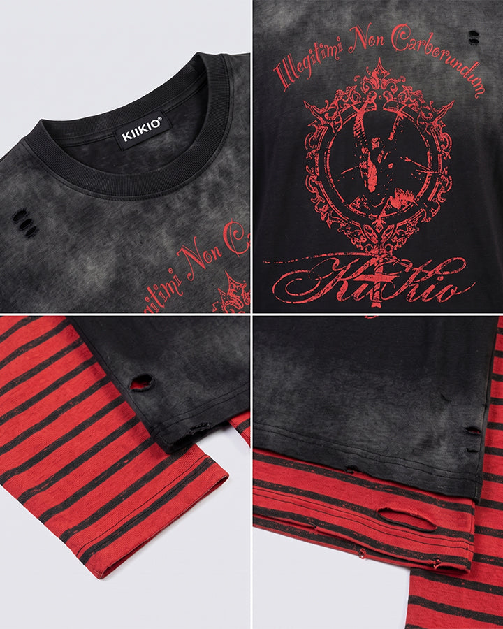 GRYFT Gothic Washed Layered Graphic Long-Sleeve T-Shirt