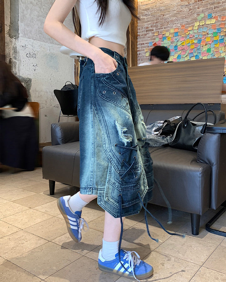 Distressed Lace-Up Washed Denim Shorts New