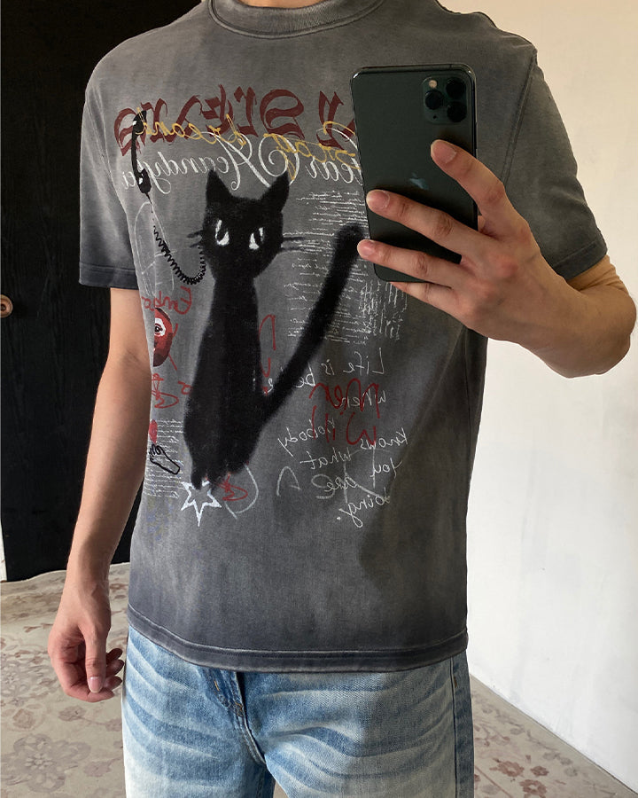 GRYFT Vintage Washed Cat Graphic Streetwear T-Shirt