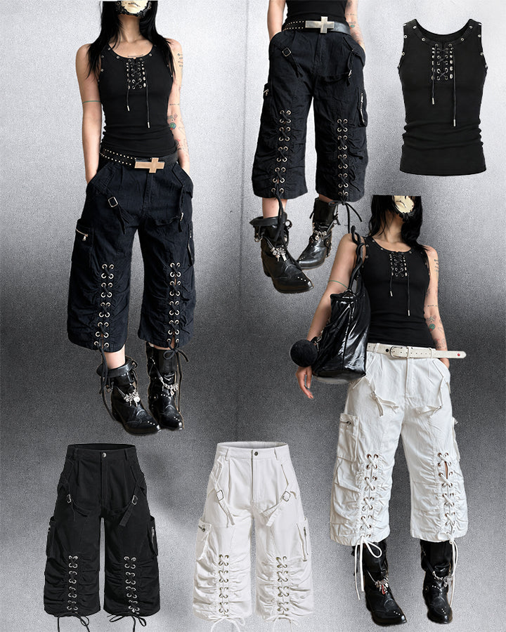 American Punk Lace-Up Rivet Tank Top New