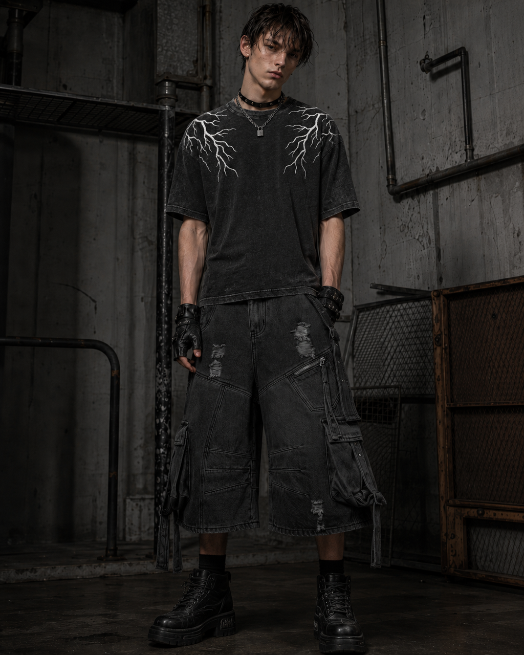 Dark Distressed Street Style Workwear Capri Pants