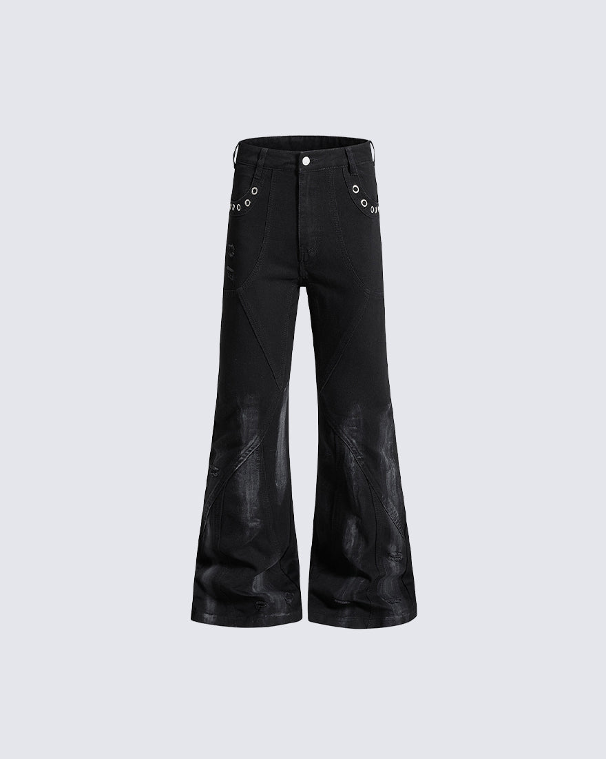 New Dark Gothic Punk Eyelet Zipper Flare Jeans