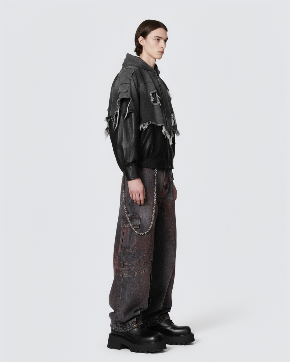 Red Fade 3D Panel Wide-Leg Denim Pants