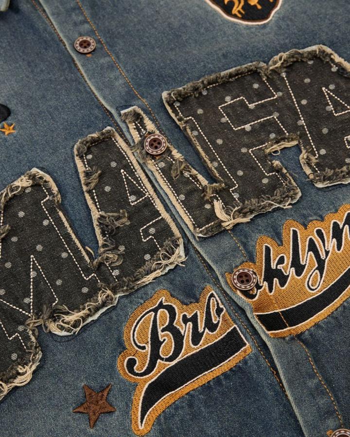 Vintage Distressed Denim Short-Sleeved Shirt
