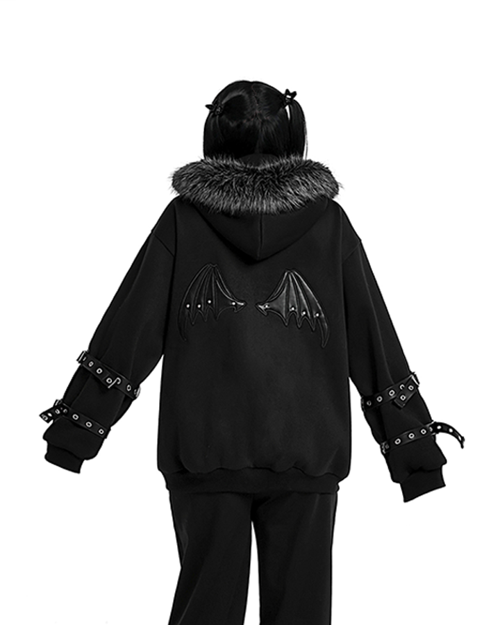 Cross Embroidered Faux Fur Hooded Jacket