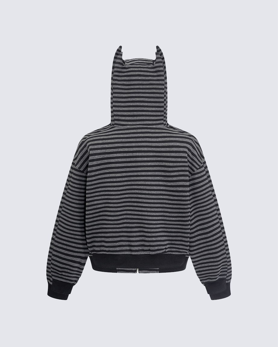 Devil-Horn Striped Hooded Jacket