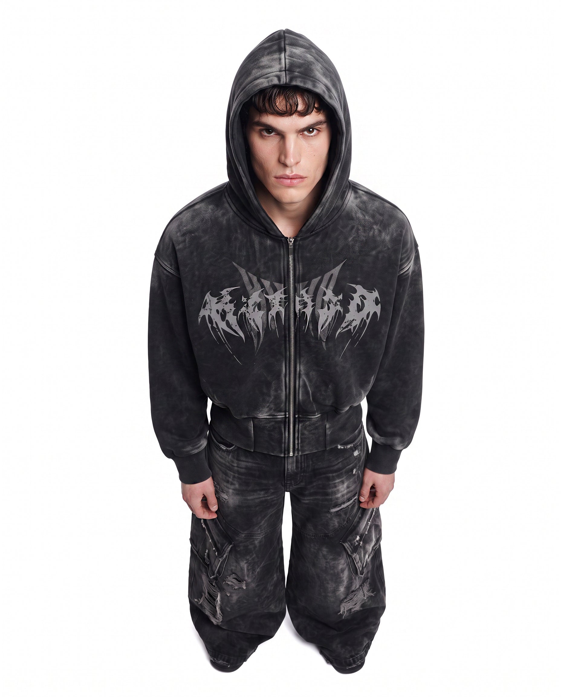 GRYFT Vintage Washed Graphic Zip-Up Hoodie
