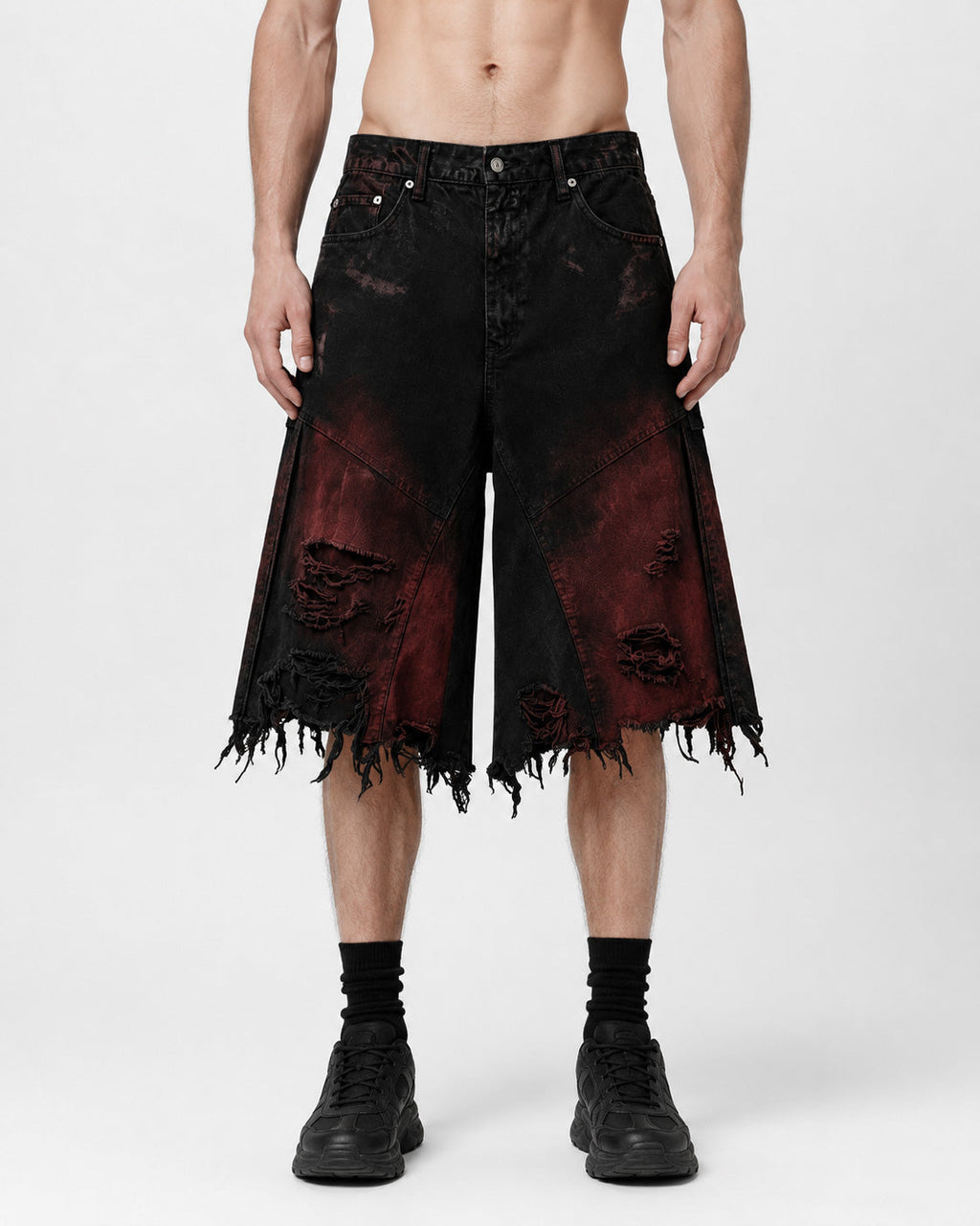 GRYFT Red Washed Distressed Denim Shorts