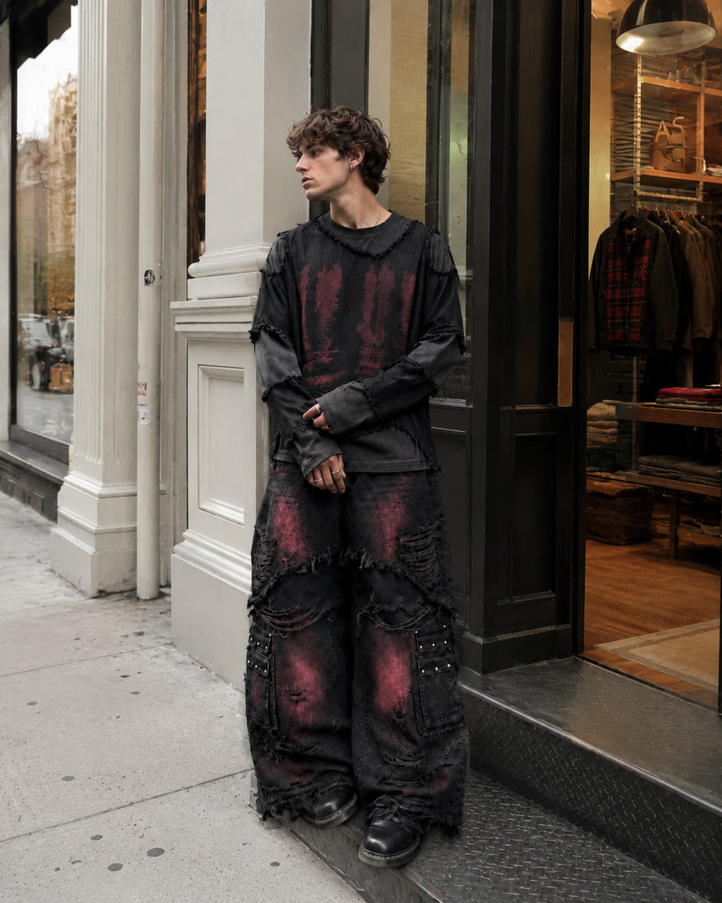 GRYFT Gradient Red Frayed Cargo Wide Leg Denim Pants