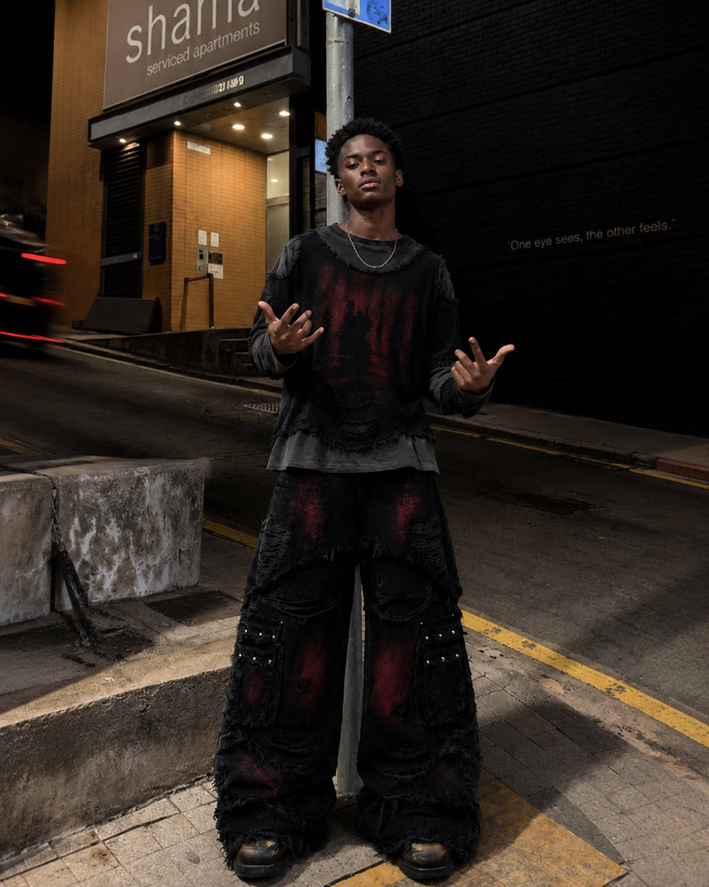 GRYFT Gradient Red Frayed Cargo Wide Leg Denim Pants