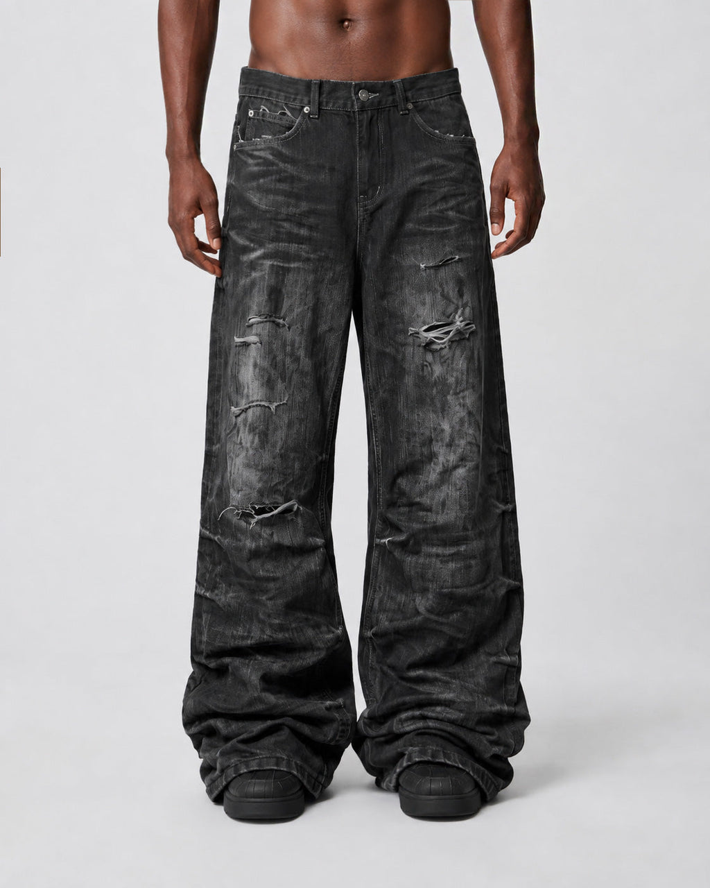 GRYFT Retro Dirty-Washed Distressed Wide-Leg Jeans