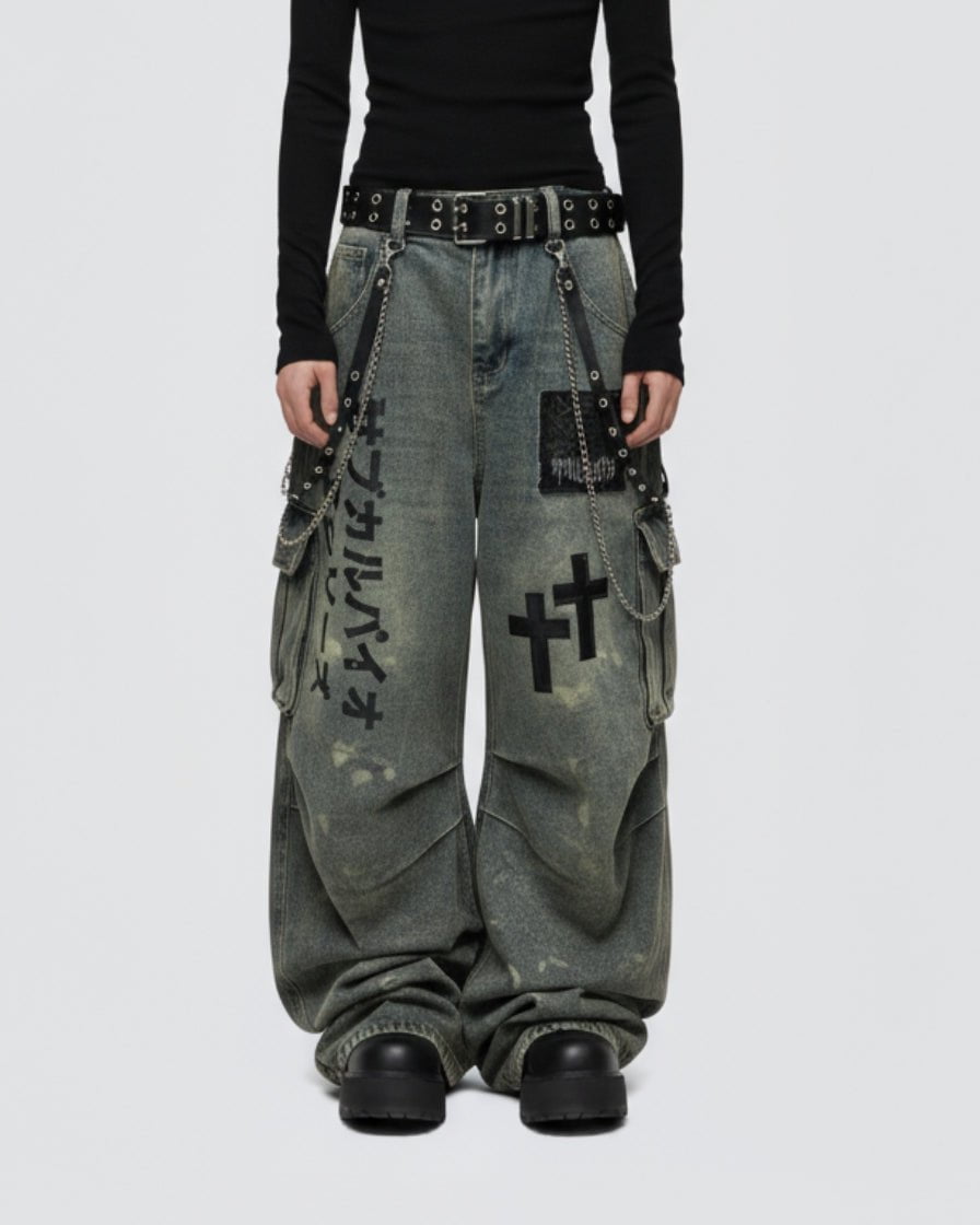 Dark Graffiti Patchwork Cargo Jeans（Free Belt and Chain Included）