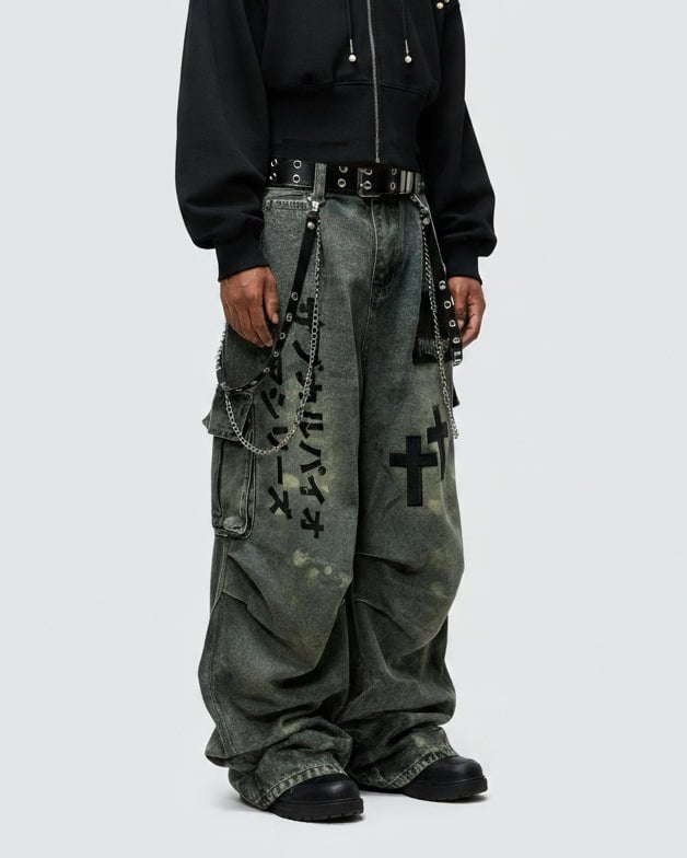 Dark Graffiti Patchwork Cargo Jeans（Free Belt and Chain Included）