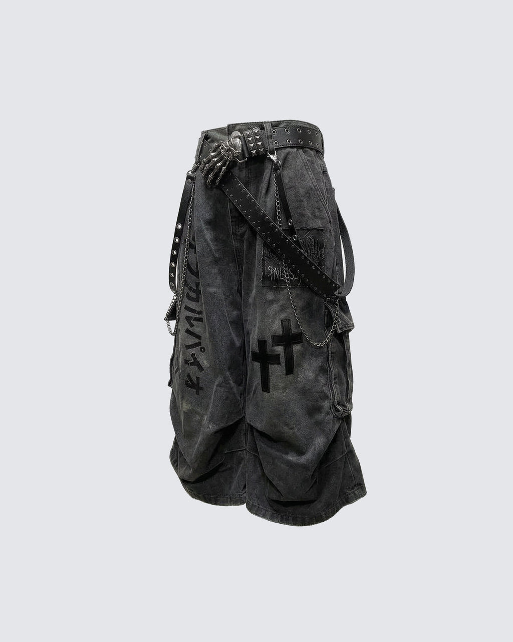 Gothic Chain Strap Denim Capri Pants