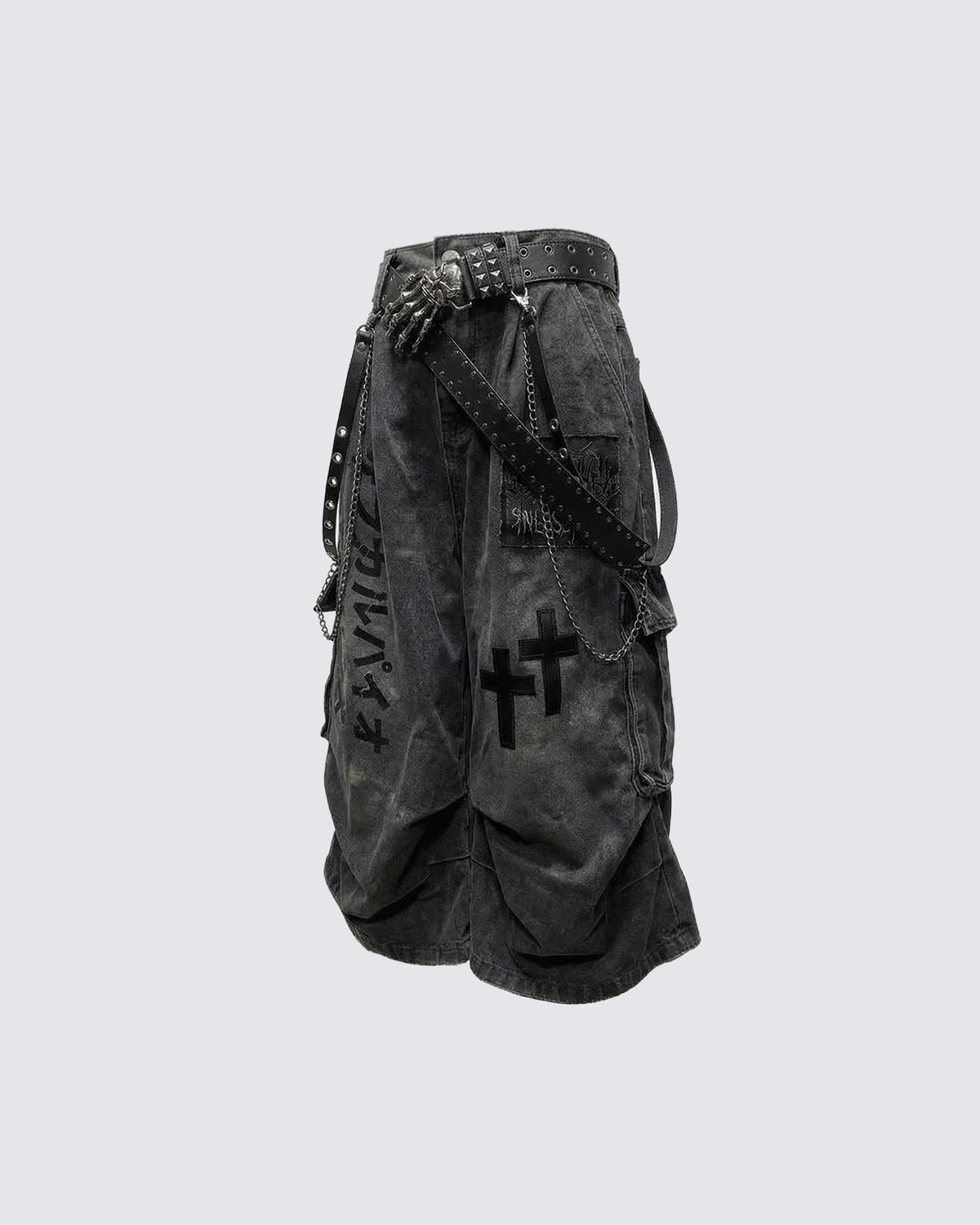 Gothic Chain Strap Denim Capri Pants