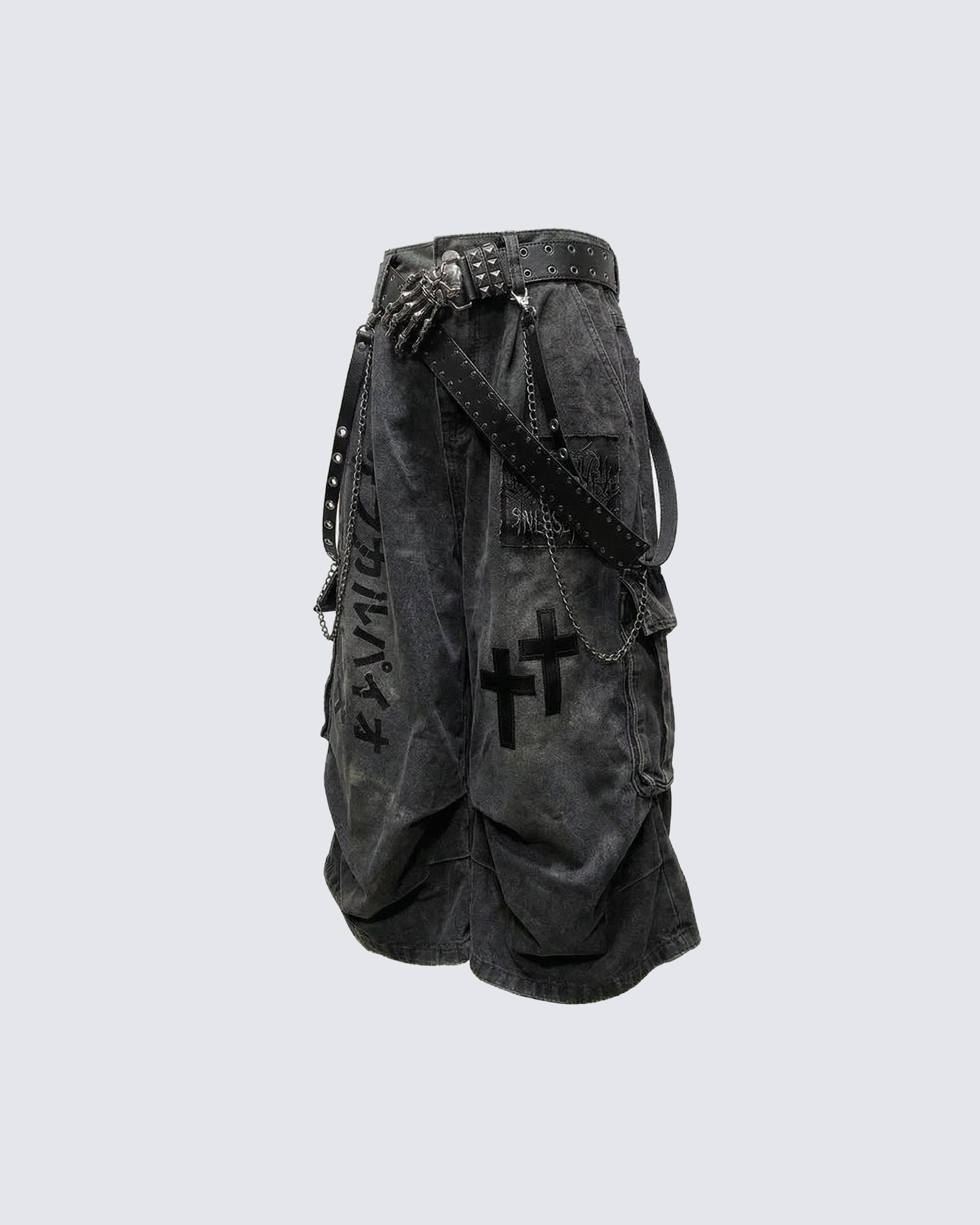 Gothic Chain Strap Denim Capri Pants