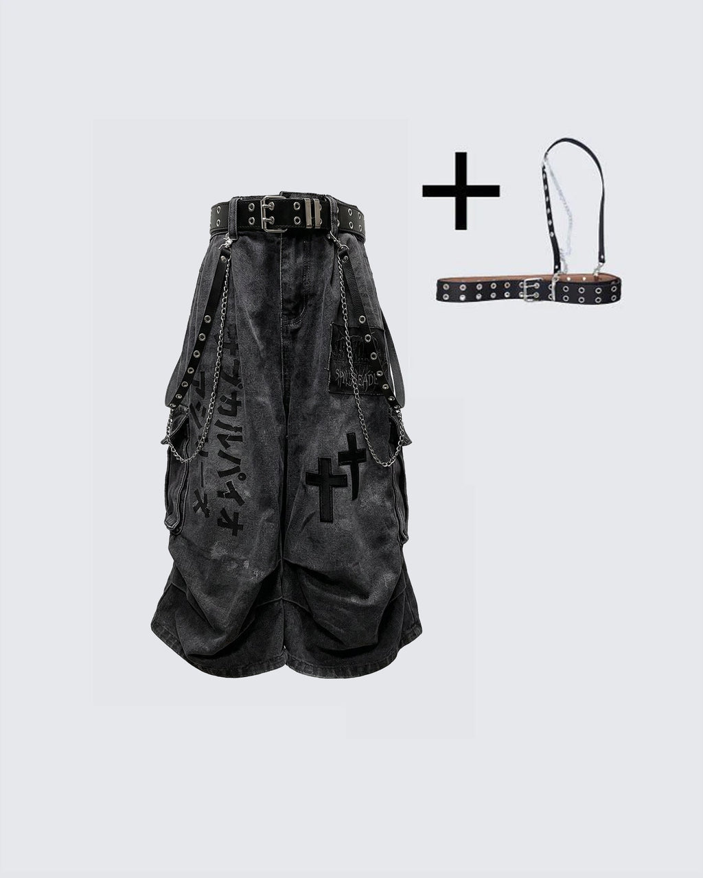 Gothic Chain Strap Denim Capri Pants