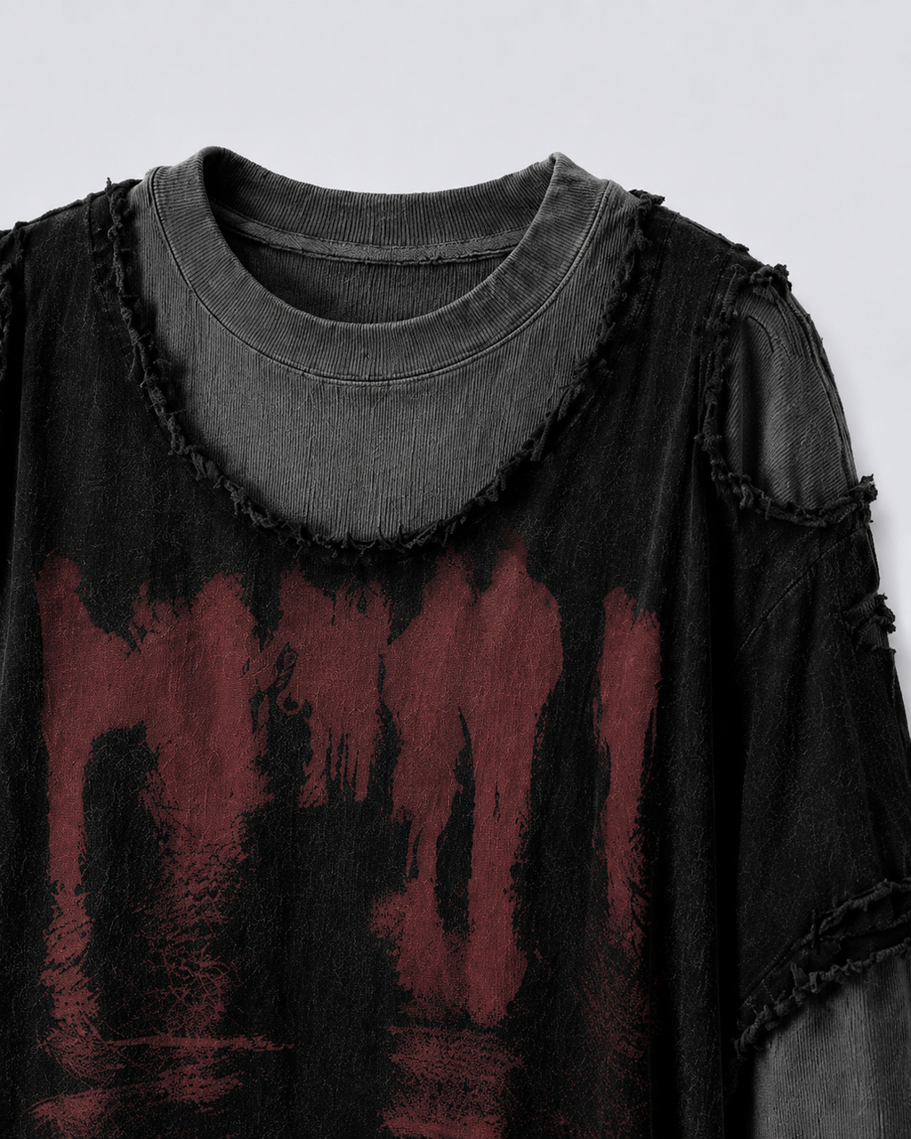 GRYFT Two-Tone Raw Edge Patchwork Layered Long Sleeve Tee