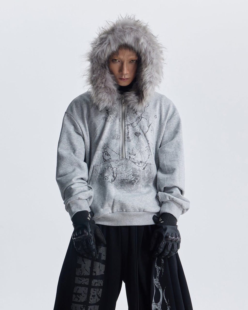 Lightweight Fuzzy Printed Half-Zip Cropped Hoodie