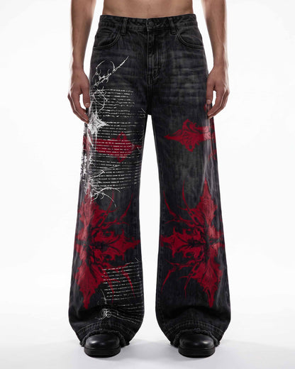 GRYFT SYMBIOTE Gothic Graphic Washed Wide-Leg Jeans