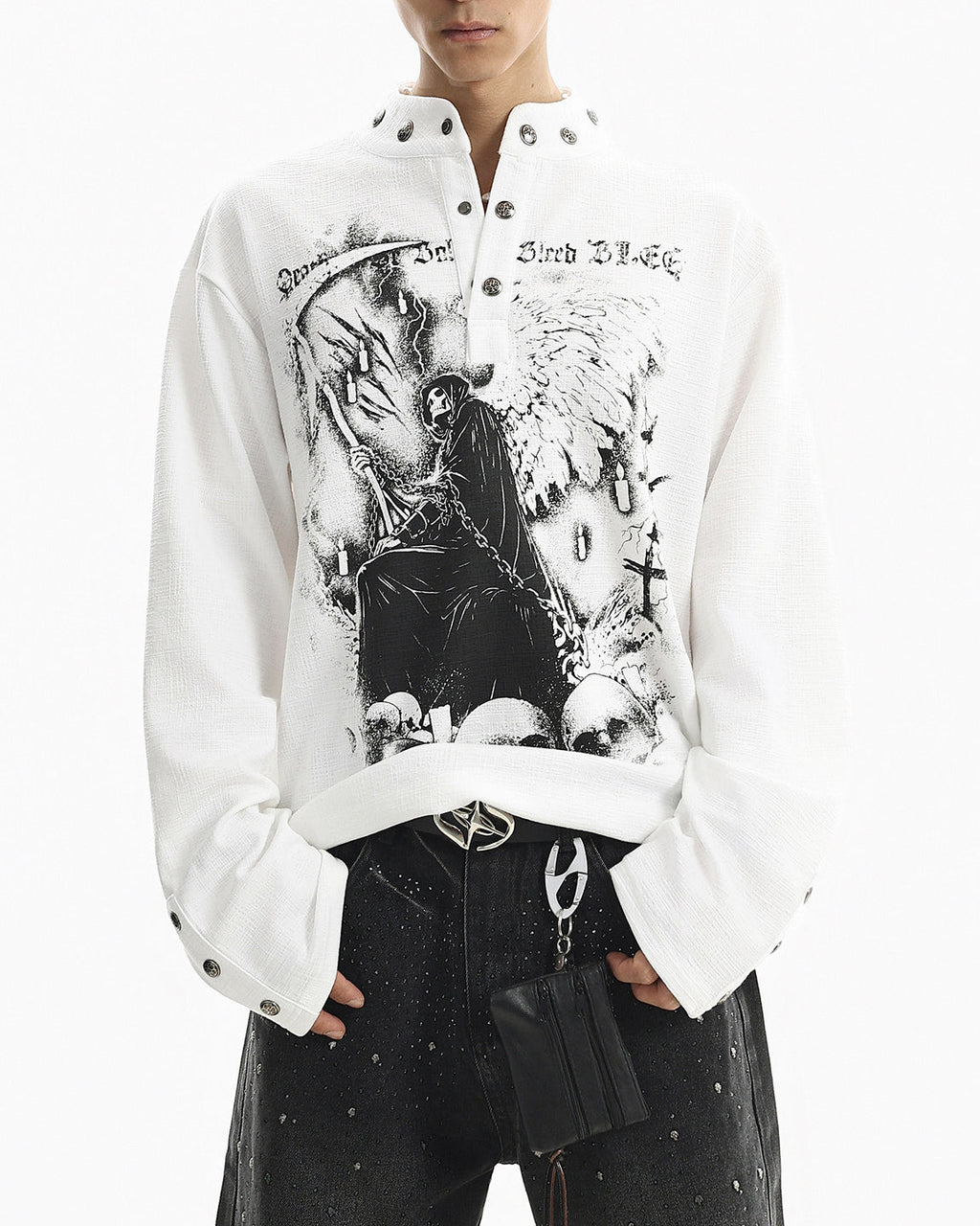 Street Printed Stand Collar Long Sleeve Polo Shirt