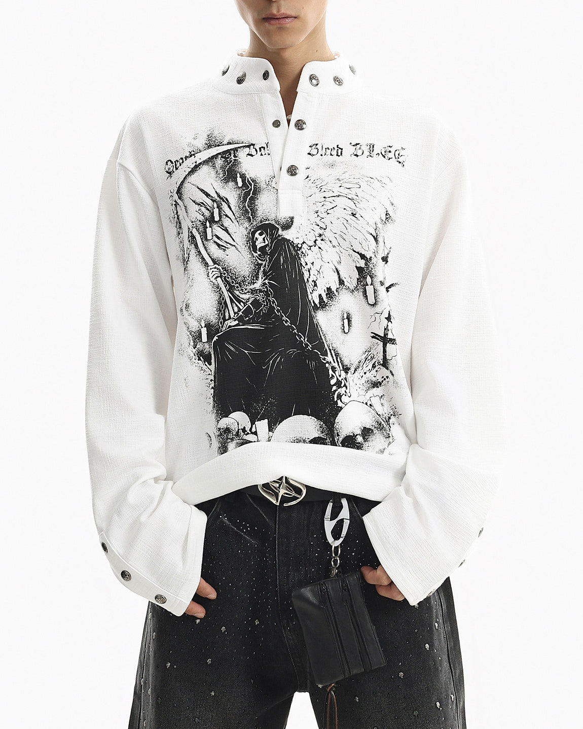 Street Printed Stand Collar Long Sleeve Polo Shirt