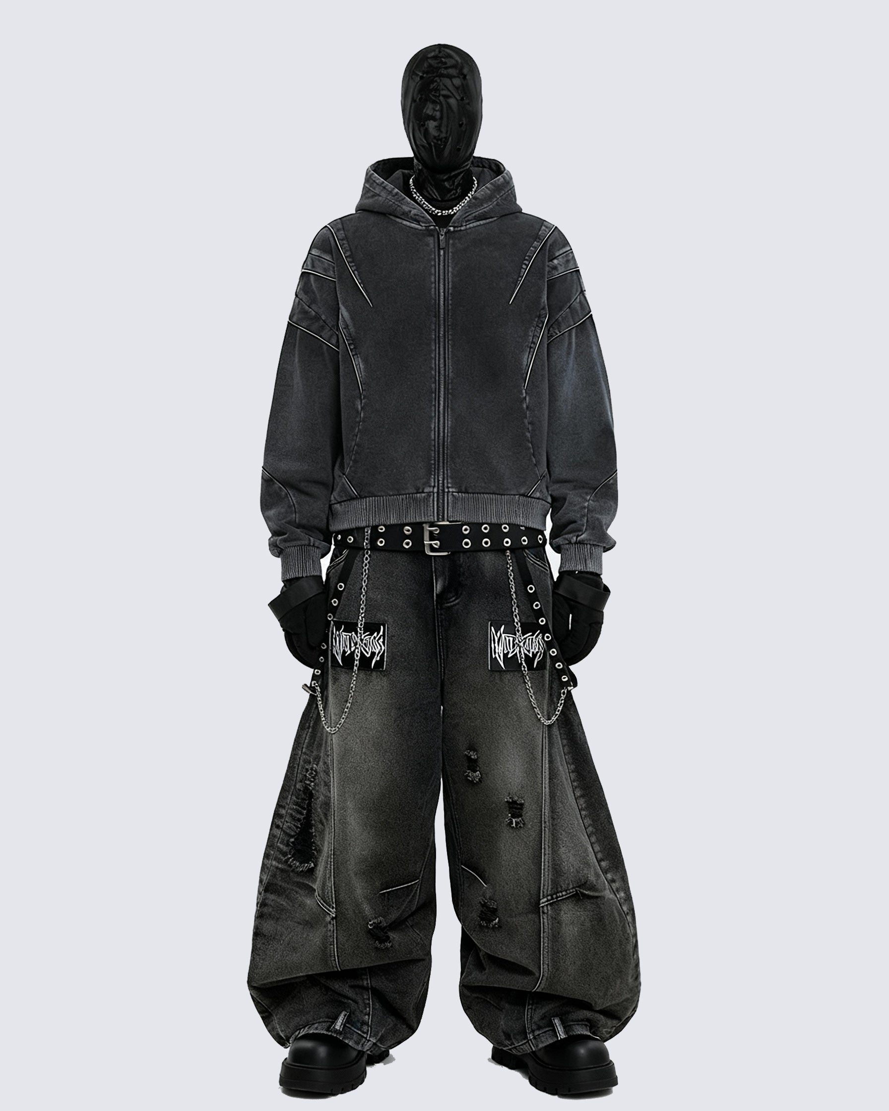 American Avant-Garde Washed Distressed Deconstructed Armor Hoodie Set