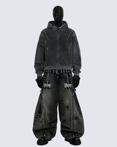 American Avant-Garde Washed Distressed Deconstructed Armor Hoodie Set