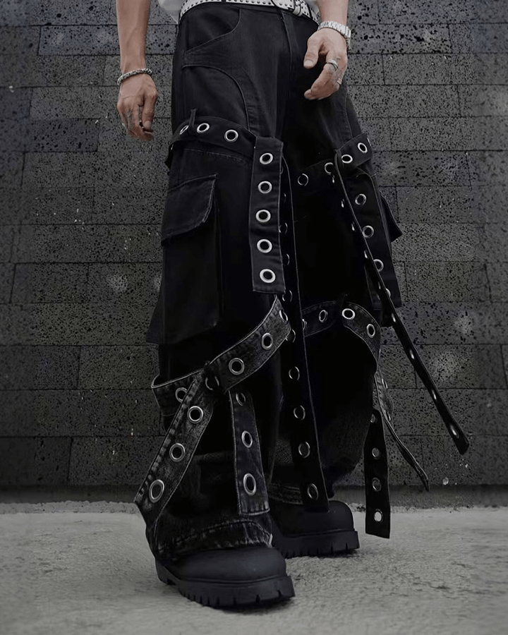 Punk Strap Eyelet Wide-Leg Cargo Pants