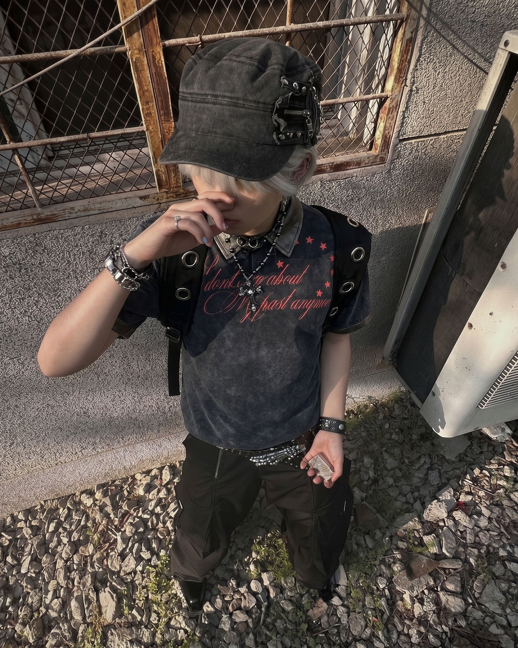 GRYFT -New Vintage Washed Letter Print Polo Shirt