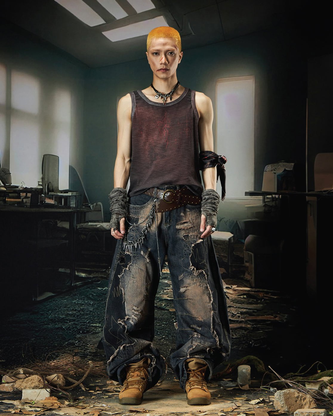 Deconstructed Washed Patchwork Blade-Cut Jeans