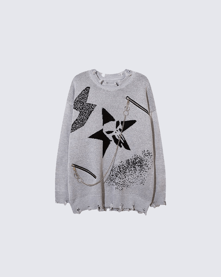 Punk Star Chain Distressed Knit Sweater