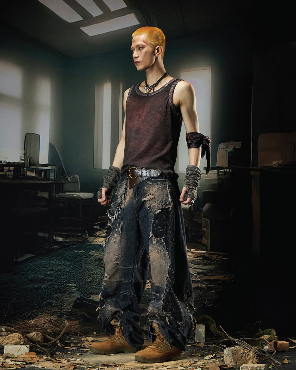 Deconstructed Washed Patchwork Blade-Cut Jeans