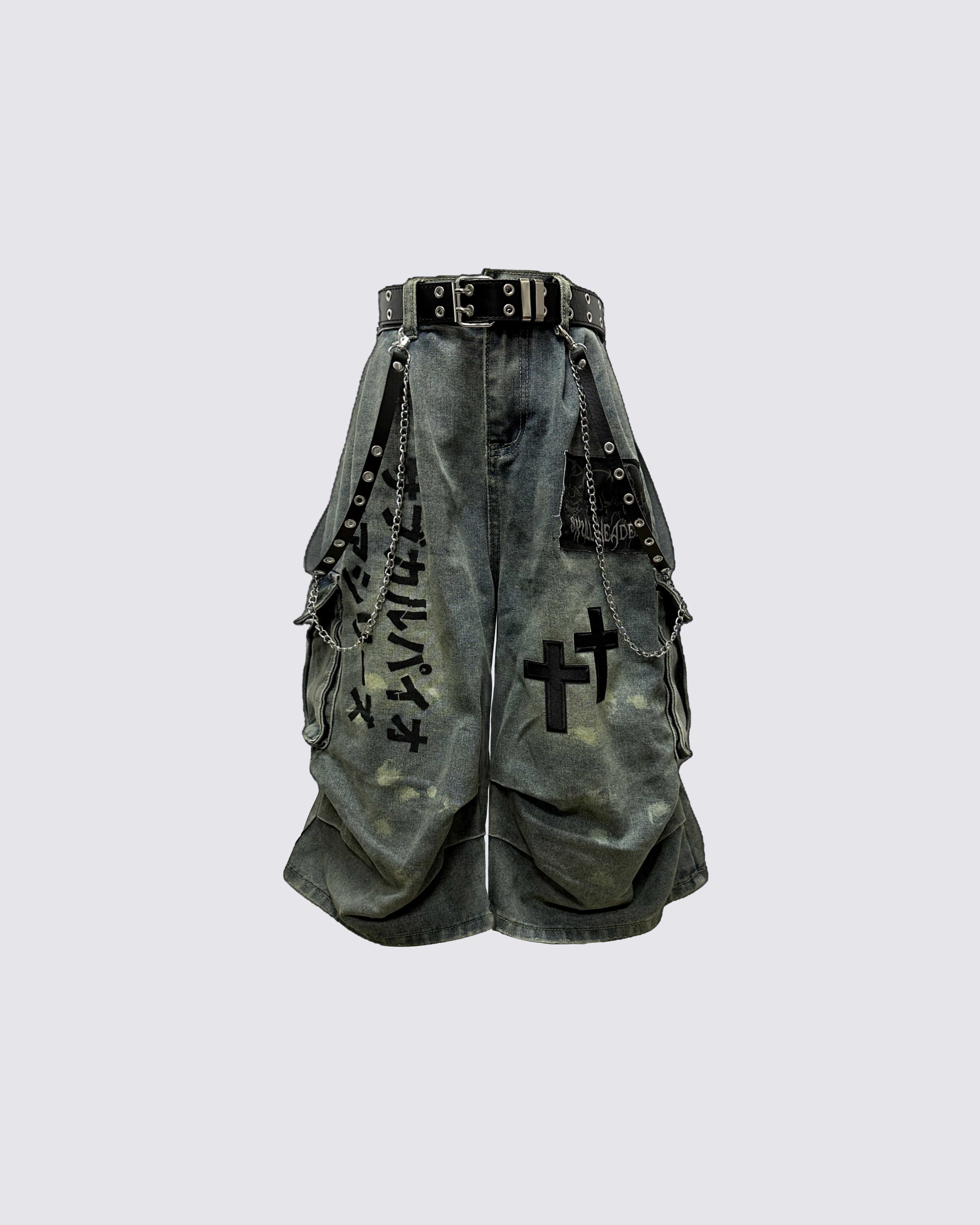Gothic Washed Denim Shorts with Chains