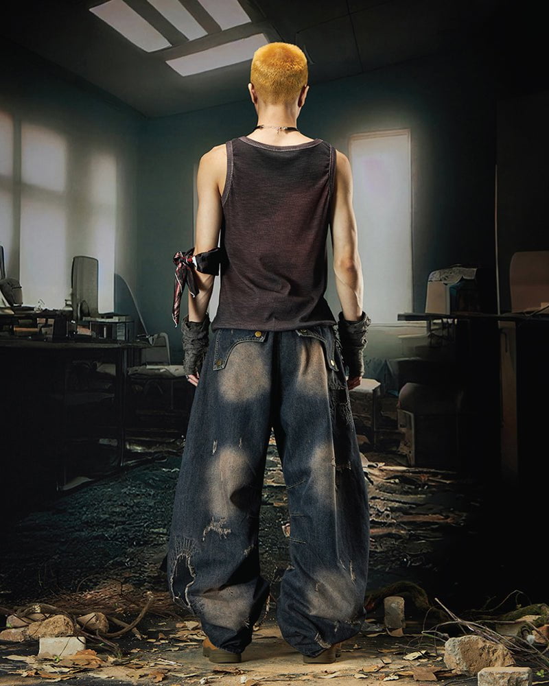 Deconstructed Washed Patchwork Blade-Cut Jeans